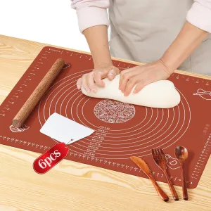 Silicone Baking Mats Set of 6,Non-stick Pastry Mat with Wooden Rolling Pin/Knife/Fork/Spoon/Scraper,28''*20'' Dough Mat for Counter,Extra Thick Kneading Mat Set with Measurements,Rolling Pin with Mat