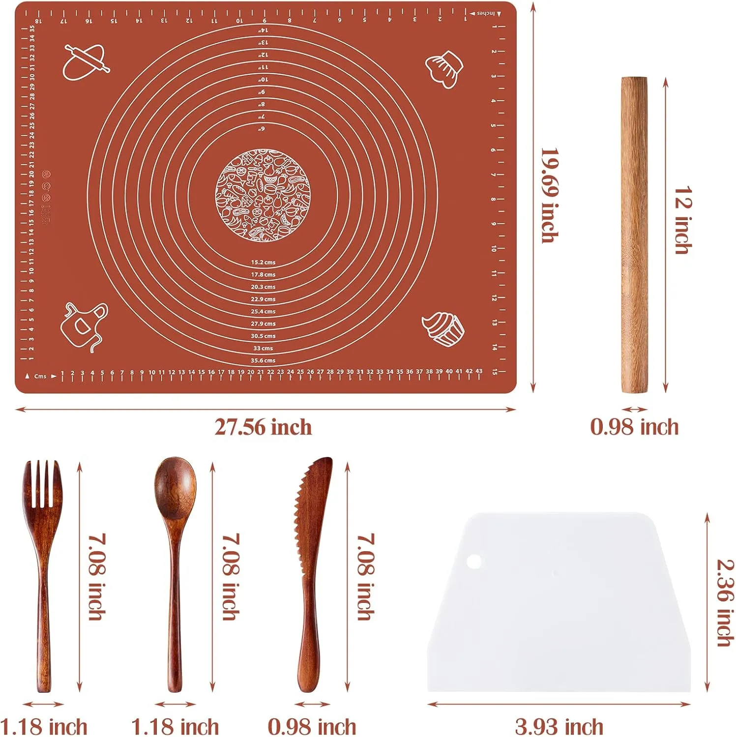 Silicone Baking Mats Set of 6,Non-stick Pastry Mat with Wooden Rolling Pin/Knife/Fork/Spoon/Scraper,28''*20'' Dough Mat for Counter,Extra Thick Kneading Mat Set with Measurements,Rolling Pin with Mat