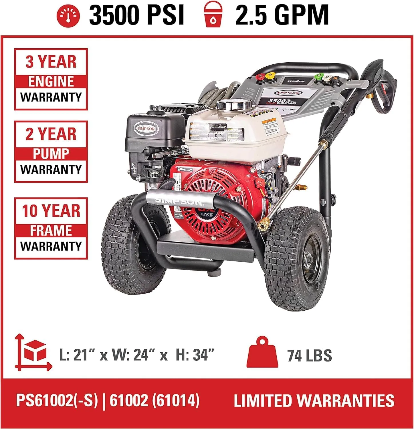 Simpson 61014 3500 PSI at 2.5 GPM Honda GX200 with AAA AX300 Axial Cam Pump Cold Water Professional Gas Pressure Washer PS61002-S