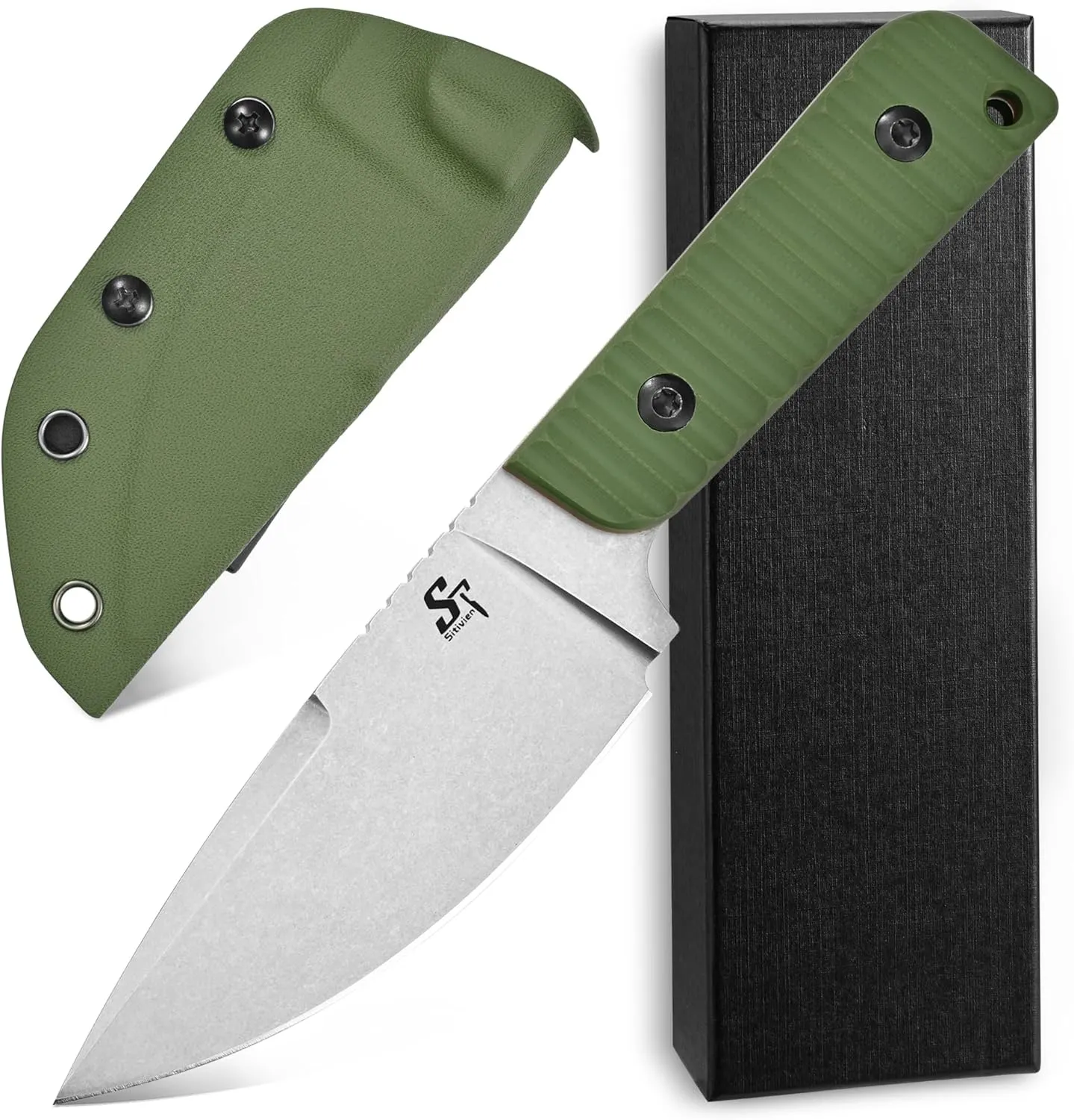 Sitivien ST14 Fixed Blade Knife AUS-10 Steel Blade G10 Handle Full Tang EDC Tool Knife for Outdoor Camping Hiking Hunting Adventure Bushcraft(Green)