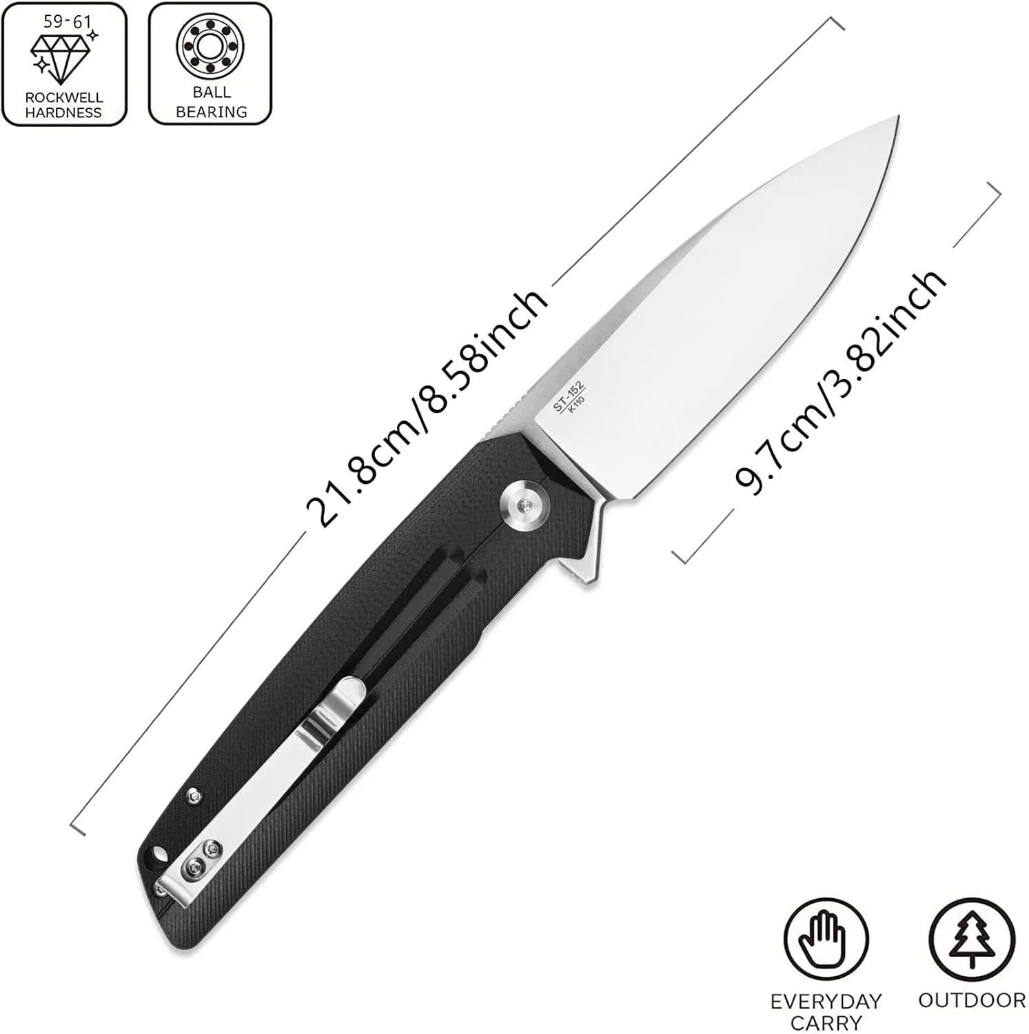 Sitivien ST152 Folding Knife,K110(D2) Steel Blade with G10 Handle EDC Tool Knife for Outdoor Camping,Hiking,Fishing(Black)