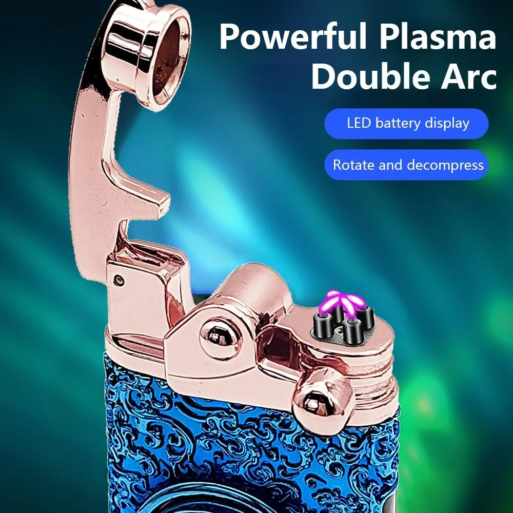SKRFIRE Plasma Rechargeable USB Electric Lighter Dual Arc Vintage Lighters Unique Flameless Cool Electronic Candle Lighter with LED Power Display for Camping, Hiking, Traveling (Blue)