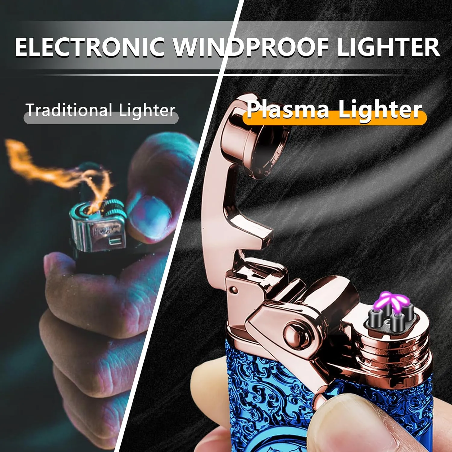 SKRFIRE Plasma Rechargeable USB Electric Lighter Dual Arc Vintage Lighters Unique Flameless Cool Electronic Candle Lighter with LED Power Display for Camping, Hiking, Traveling (Blue)