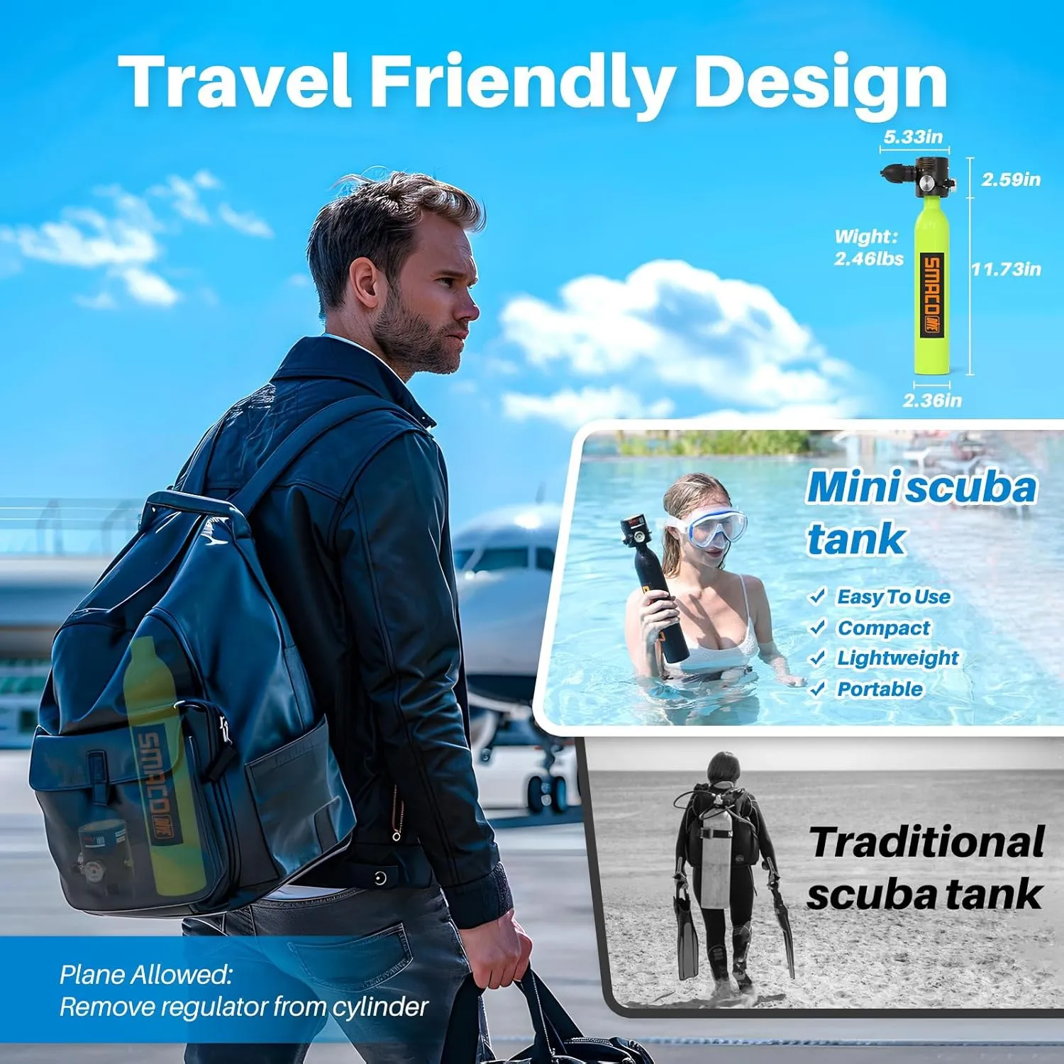 SMACO S300 Plus Mini Scuba Tank 0.5L Portable Mini Diving Tank Reusable Pony Bottle up to 10 Minutes Dive Time Backup Diving Air Tank Kit Oxygen Cylinder for Underwater Exploration Rescue