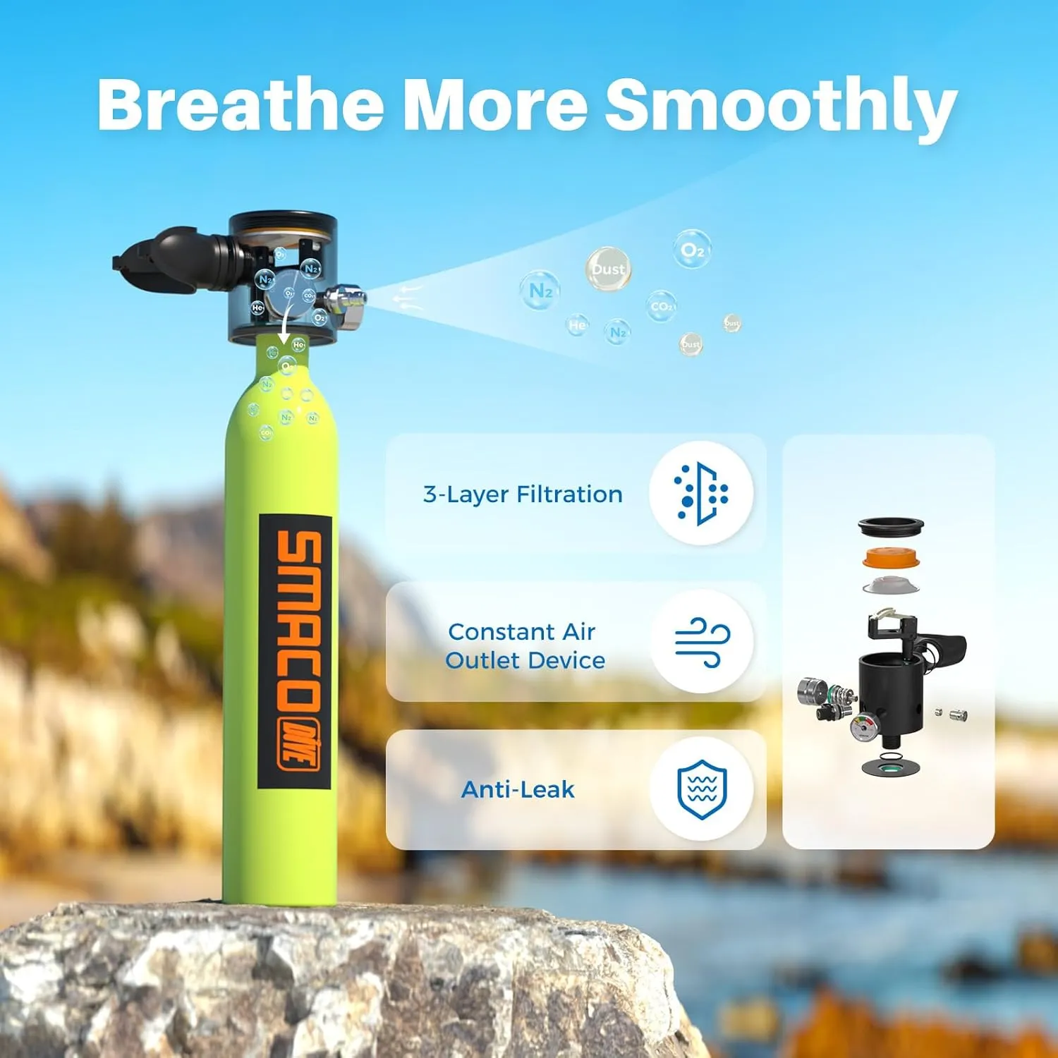 SMACO S300 Plus Mini Scuba Tank 0.5L Portable Mini Diving Tank Reusable Pony Bottle up to 10 Minutes Dive Time Backup Diving Air Tank Kit Oxygen Cylinder for Underwater Exploration Rescue