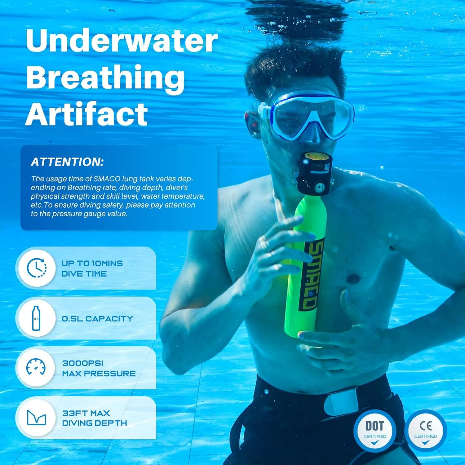 SMACO S300 Plus Mini Scuba Tank 0.5L Portable Mini Diving Tank Reusable Pony Bottle up to 10 Minutes Dive Time Backup Diving Air Tank Kit Oxygen Cylinder for Underwater Exploration Rescue