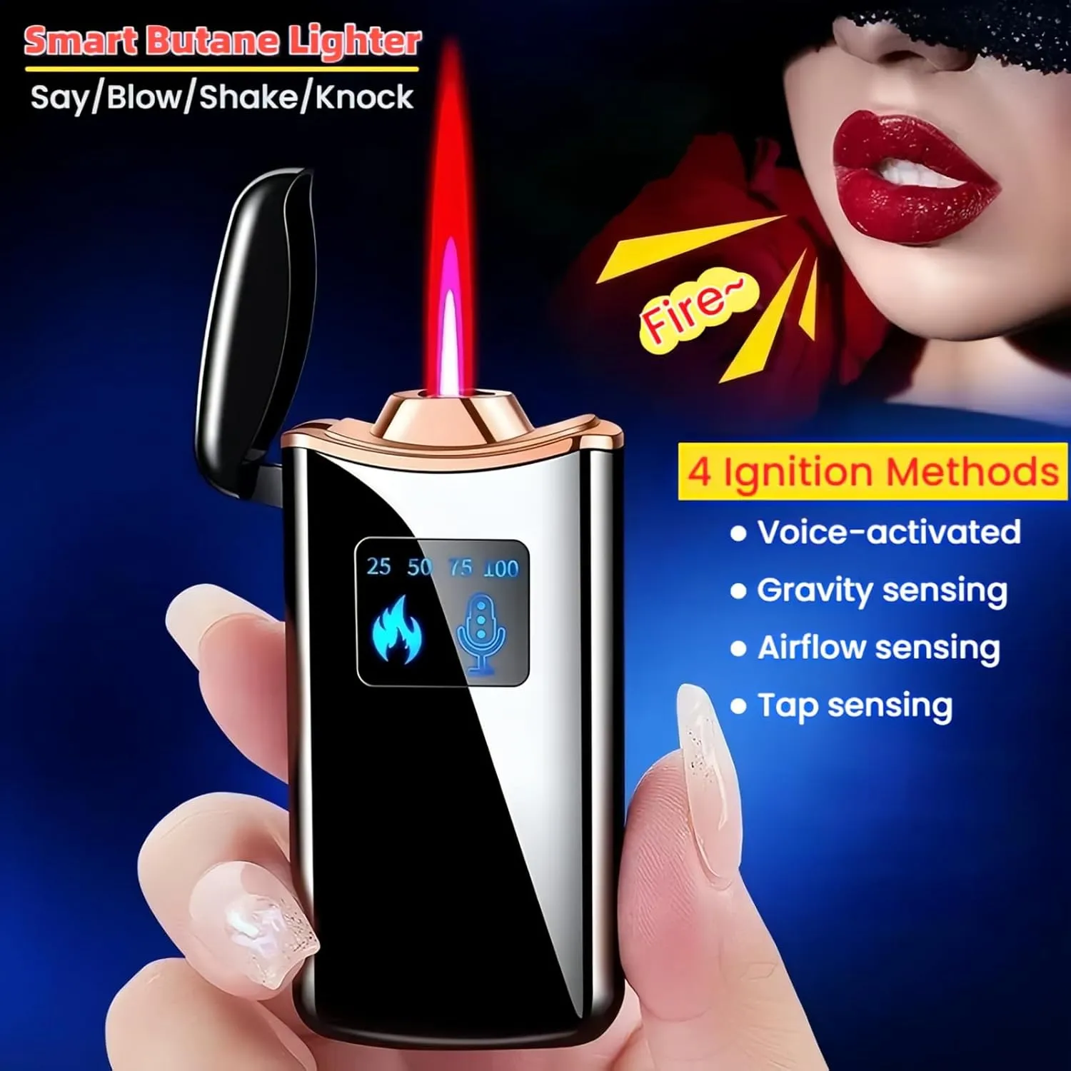 Smart Butane Lighter, Voice-Activated Sensor Torch Lighter with 4 Ignition Modes, Windproof Red Flame Refillable Lighters (Without Fuel) (Silver Sand)