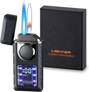 Smart Display Dual Flame Torch Lighter, Transparent Core Electric Lighter with LED Display, Butane Refillable & Type-C Charging, Windproof Jet Flame & Soft Flame Lighter (Without Butane)-Matte Black