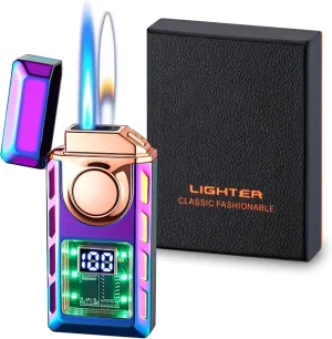 Smart Display Dual Flame Torch Lighter, Transparent Core Electric Lighter with LED Display, Butane Refillable & Type-C Charging, Windproof Jet Flame & Soft Flame Lighter (Without Butane)-Rainbow Ice