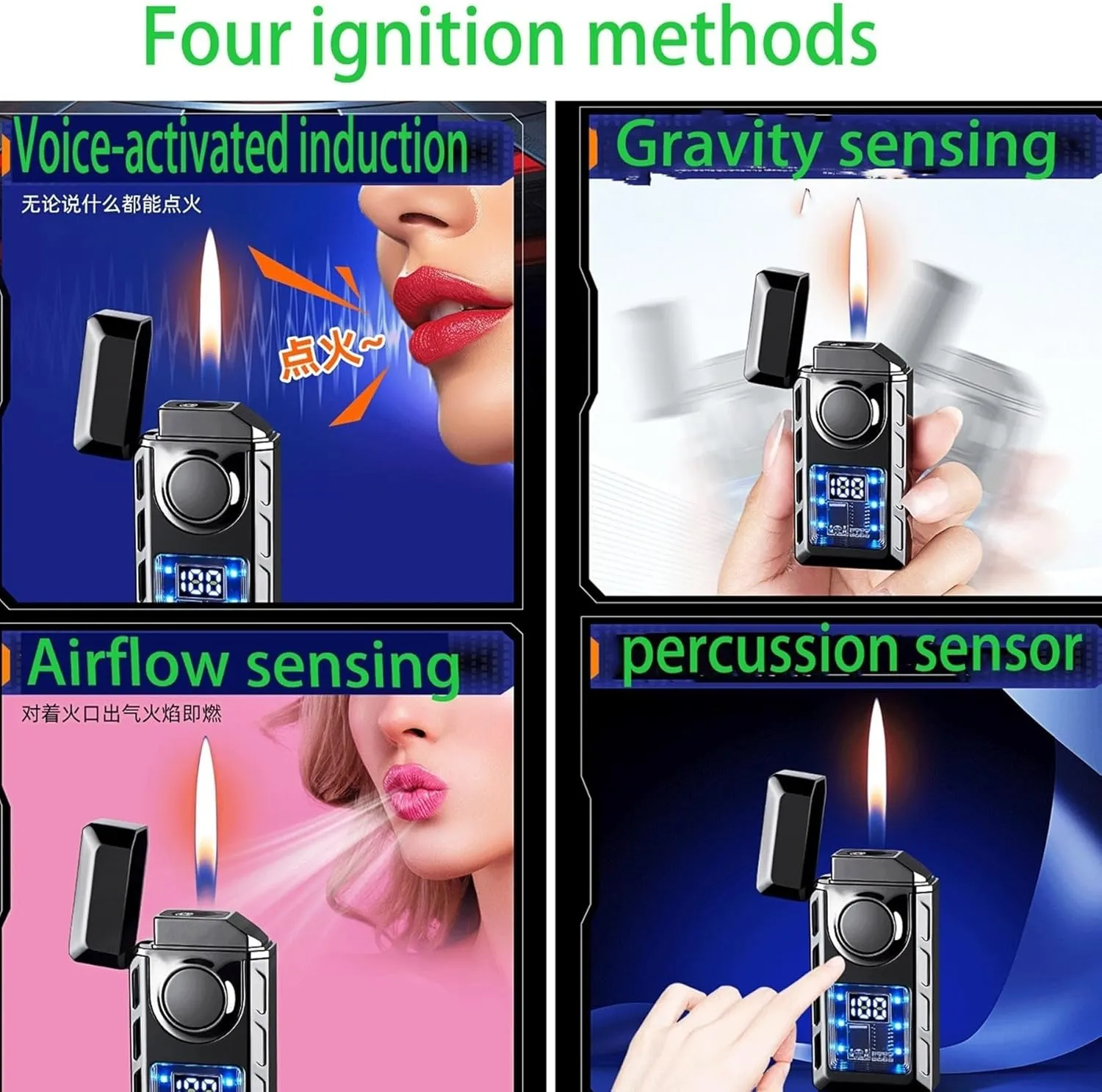 Smart Voice-Activated Windproof Lighter, Two Flame Modes, Adjustable Flame, Butane Refillable, Visible Butane Level, Portable, Ice Black