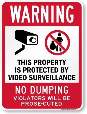 SmartSign 24 x 18 inch “Warning - Property Protected by Video Surveillance, No Dumping” Metal Sign, 80 mil Laminated Rustproof Aluminum, Red, Black and White