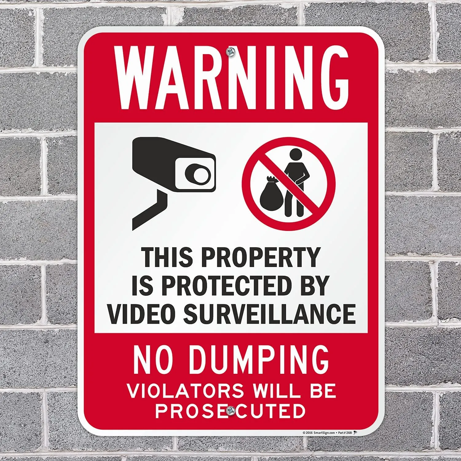 SmartSign 24 x 18 inch “Warning - Property Protected by Video Surveillance, No Dumping” Metal Sign, 80 mil Laminated Rustproof Aluminum, Red, Black and White