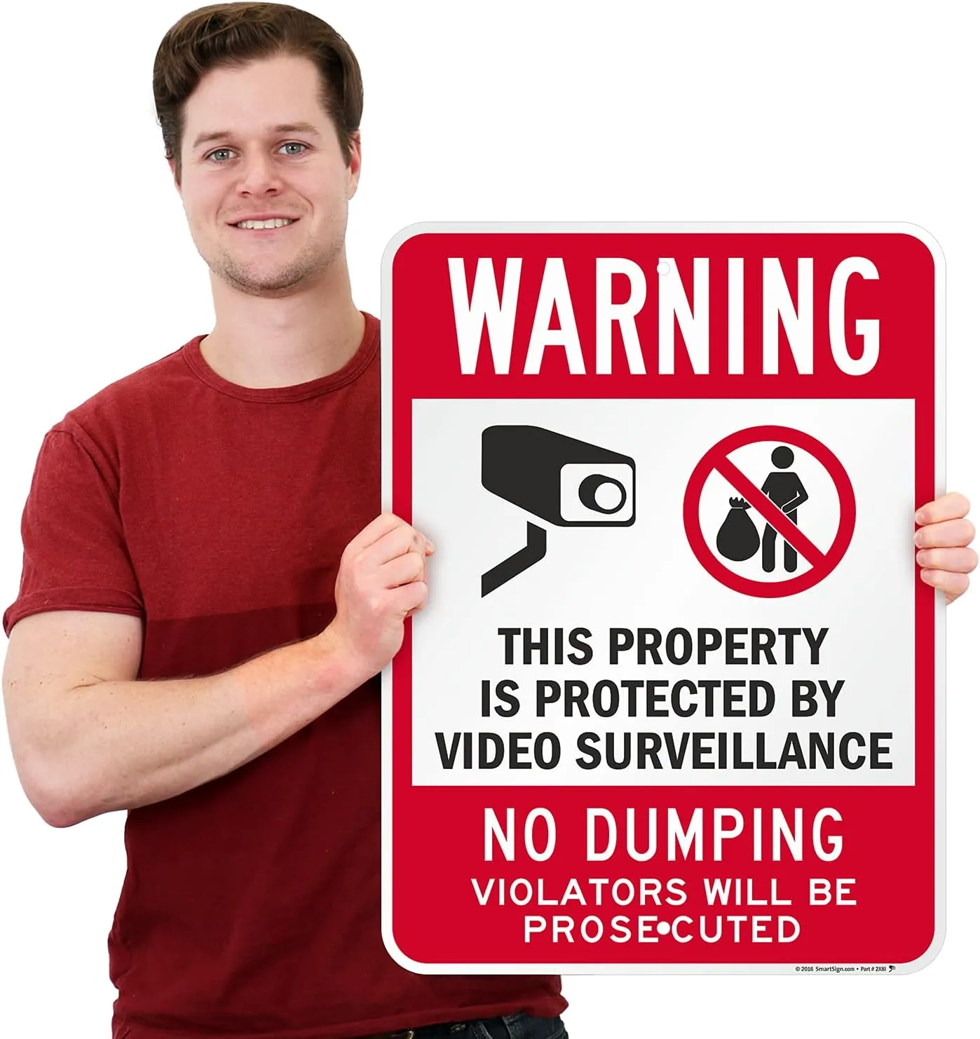 SmartSign 24 x 18 inch “Warning - Property Protected by Video Surveillance, No Dumping” Metal Sign, 80 mil Laminated Rustproof Aluminum, Red, Black and White
