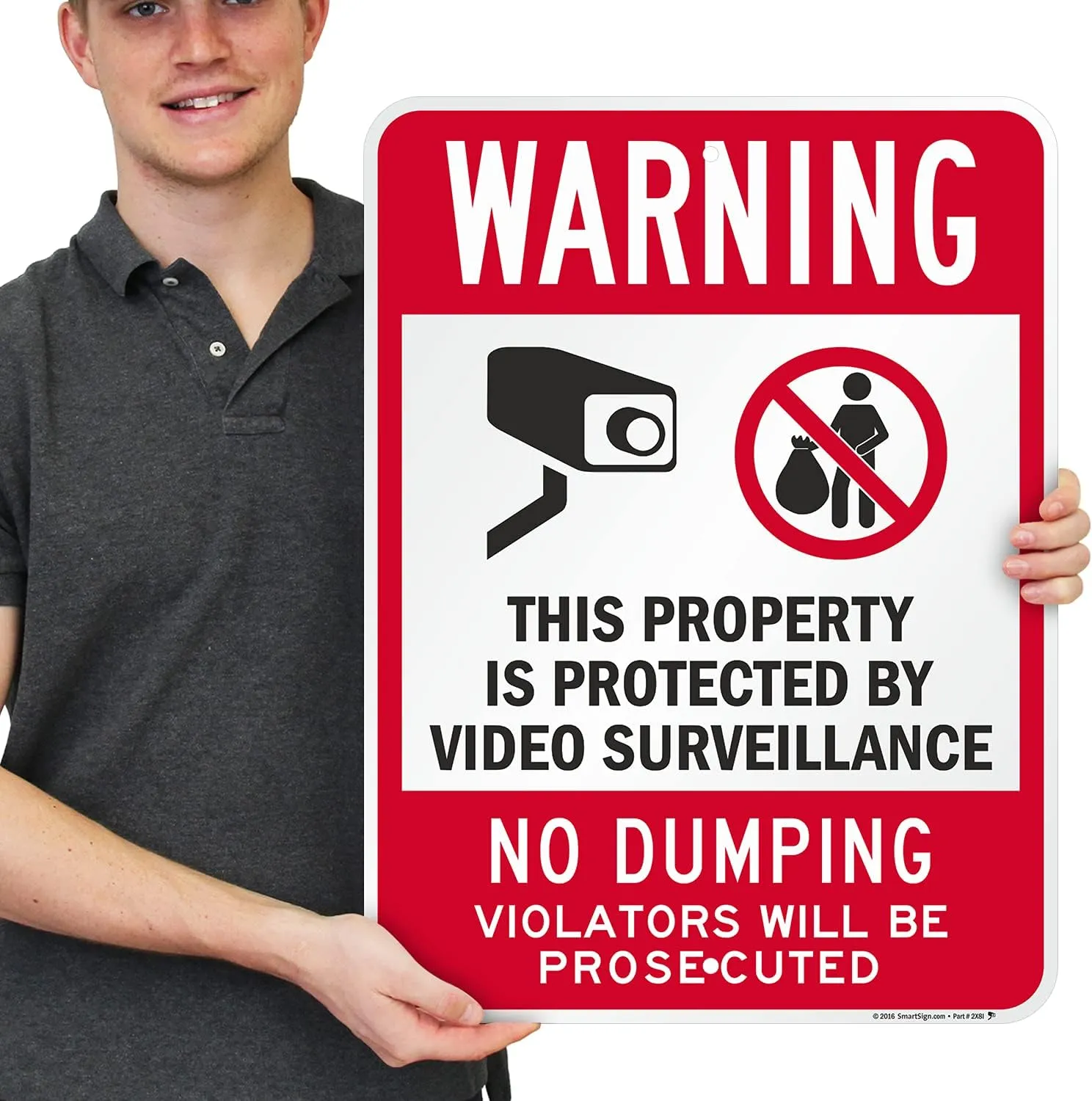 SmartSign 24 x 18 inch “Warning - Property Protected by Video Surveillance, No Dumping” Metal Sign, 80 mil Laminated Rustproof Aluminum, Red, Black and White