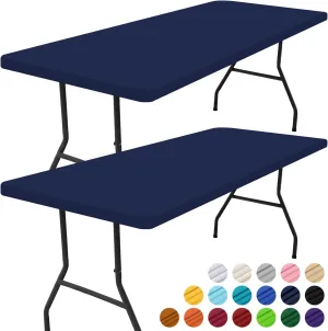 Smiry Rectangle Picnic Table Cloth 2 Pack, Waterproof Elastic Fitted Tablecloths for 6 Foot Tables, Washable Polyester Table Cover for Camping, Indoor and Outdoor (Navy, 30"x72")