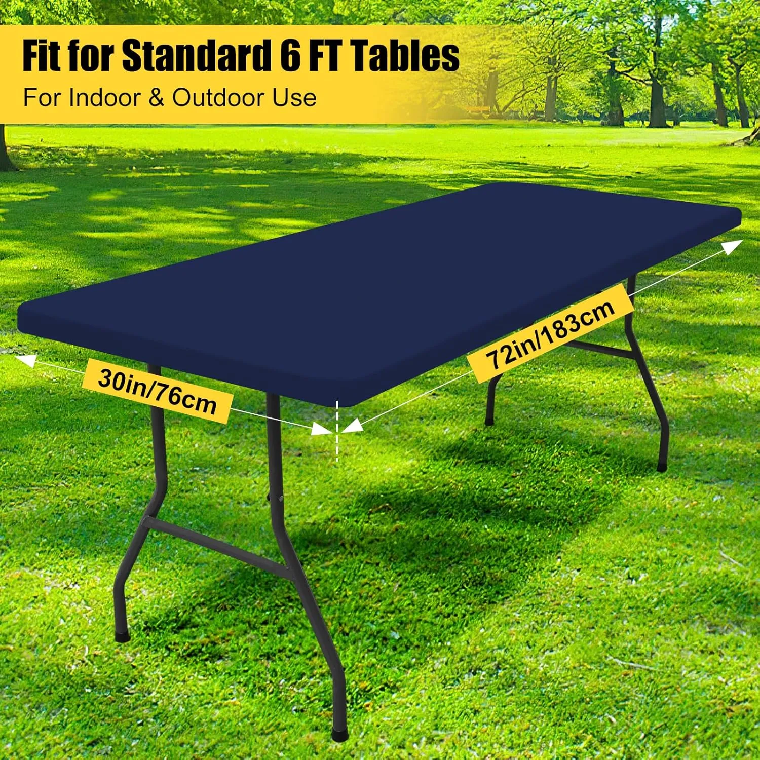 Smiry Rectangle Picnic Table Cloth 2 Pack, Waterproof Elastic Fitted Tablecloths for 6 Foot Tables, Washable Polyester Table Cover for Camping, Indoor and Outdoor (Navy, 30"x72")