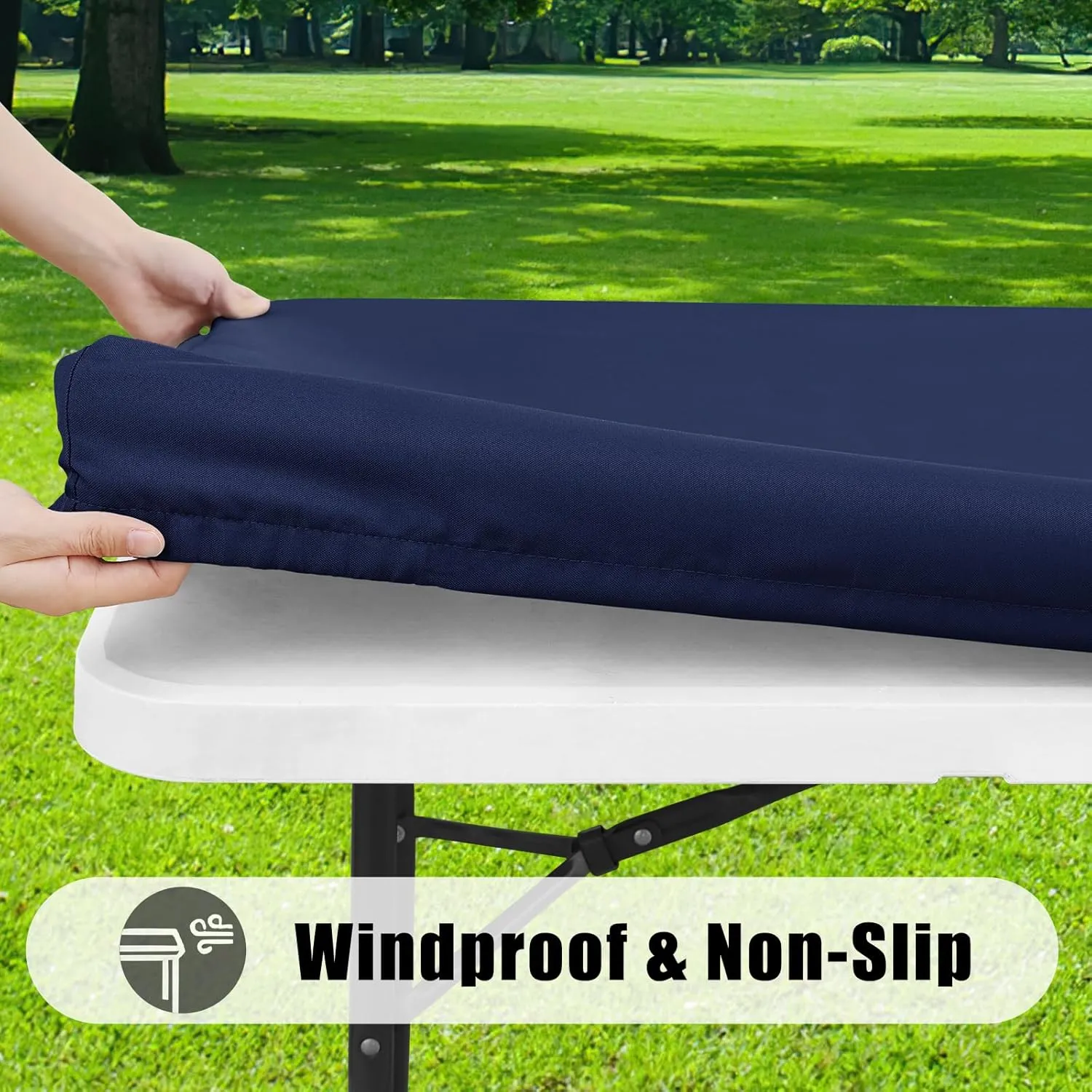 Smiry Rectangle Picnic Table Cloth 2 Pack, Waterproof Elastic Fitted Tablecloths for 6 Foot Tables, Washable Polyester Table Cover for Camping, Indoor and Outdoor (Navy, 30"x72")