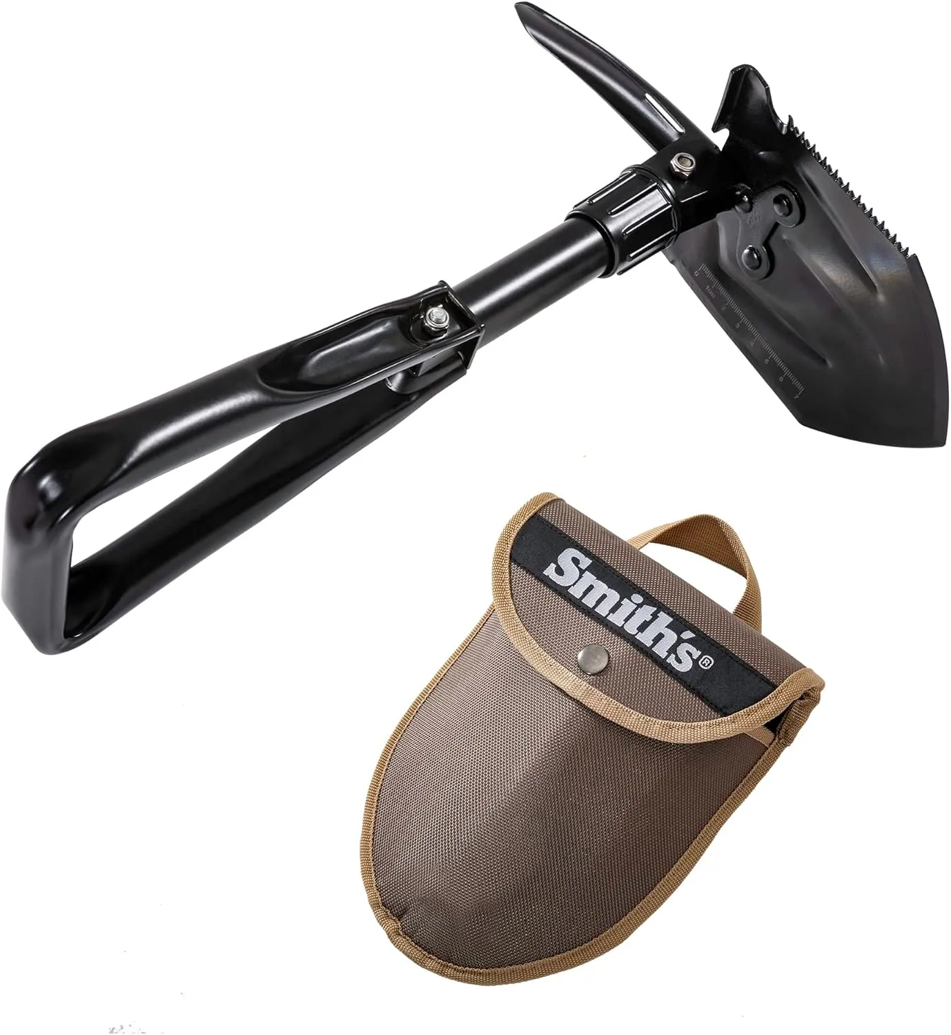 Smith's 51336 3-Way Survival Camp Folding Shovel - Pick, Hoe, and Shovel Functions - High Carbon Steel, 18.1" Full Length - Compact, Lightweight - Includes Carry Case with Accessory Pockets