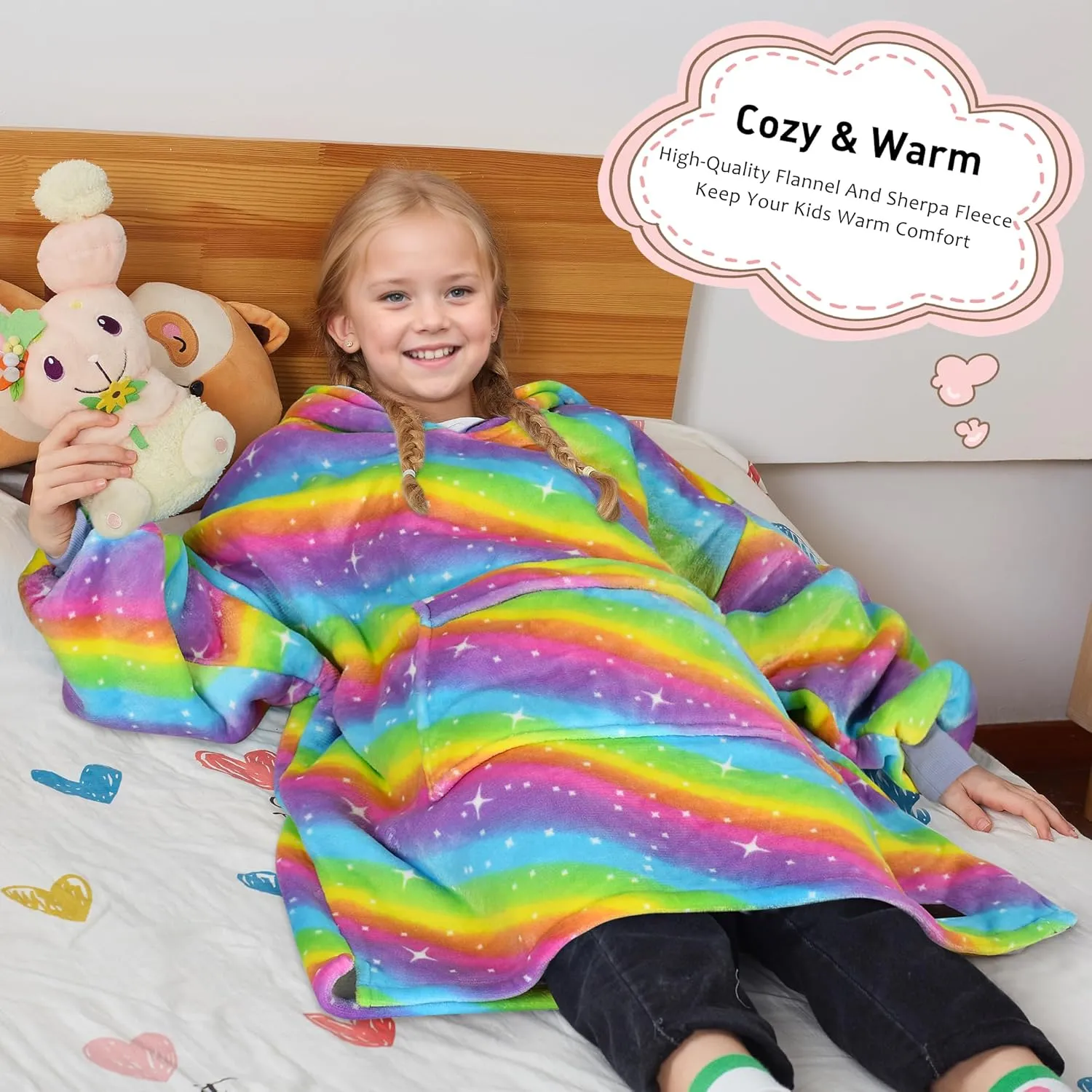 Solaris Rainbow Wearable Blanket Hoodie for Kids - Warm Soft Gift, Oversized Cozy Sherpa Fleece Sweatshirt Pullover for Teens, Girls, Boys, Large Pocket