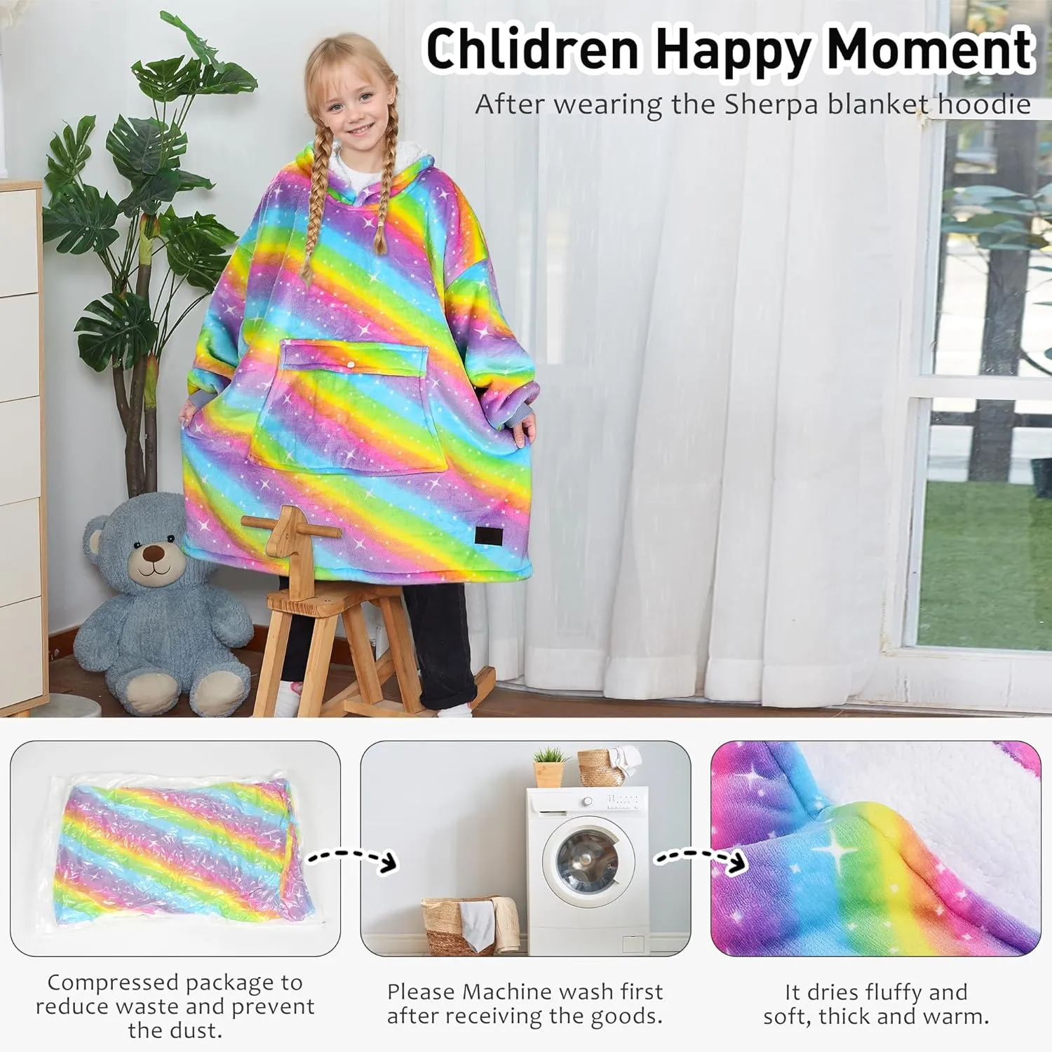 Solaris Rainbow Wearable Blanket Hoodie for Kids - Warm Soft Gift, Oversized Cozy Sherpa Fleece Sweatshirt Pullover for Teens, Girls, Boys, Large Pocket
