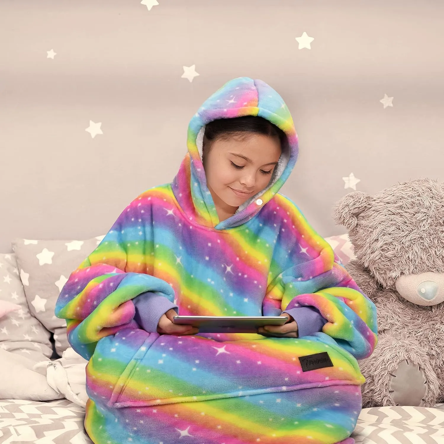 Solaris Rainbow Wearable Blanket Hoodie for Kids - Warm Soft Gift, Oversized Cozy Sherpa Fleece Sweatshirt Pullover for Teens, Girls, Boys, Large Pocket