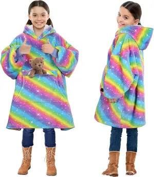 Solaris Rainbow Wearable Blanket Hoodie for Kids - Warm Soft Gift, Oversized Cozy Sherpa Fleece Sweatshirt Pullover for Teens, Girls, Boys, Large Pocket