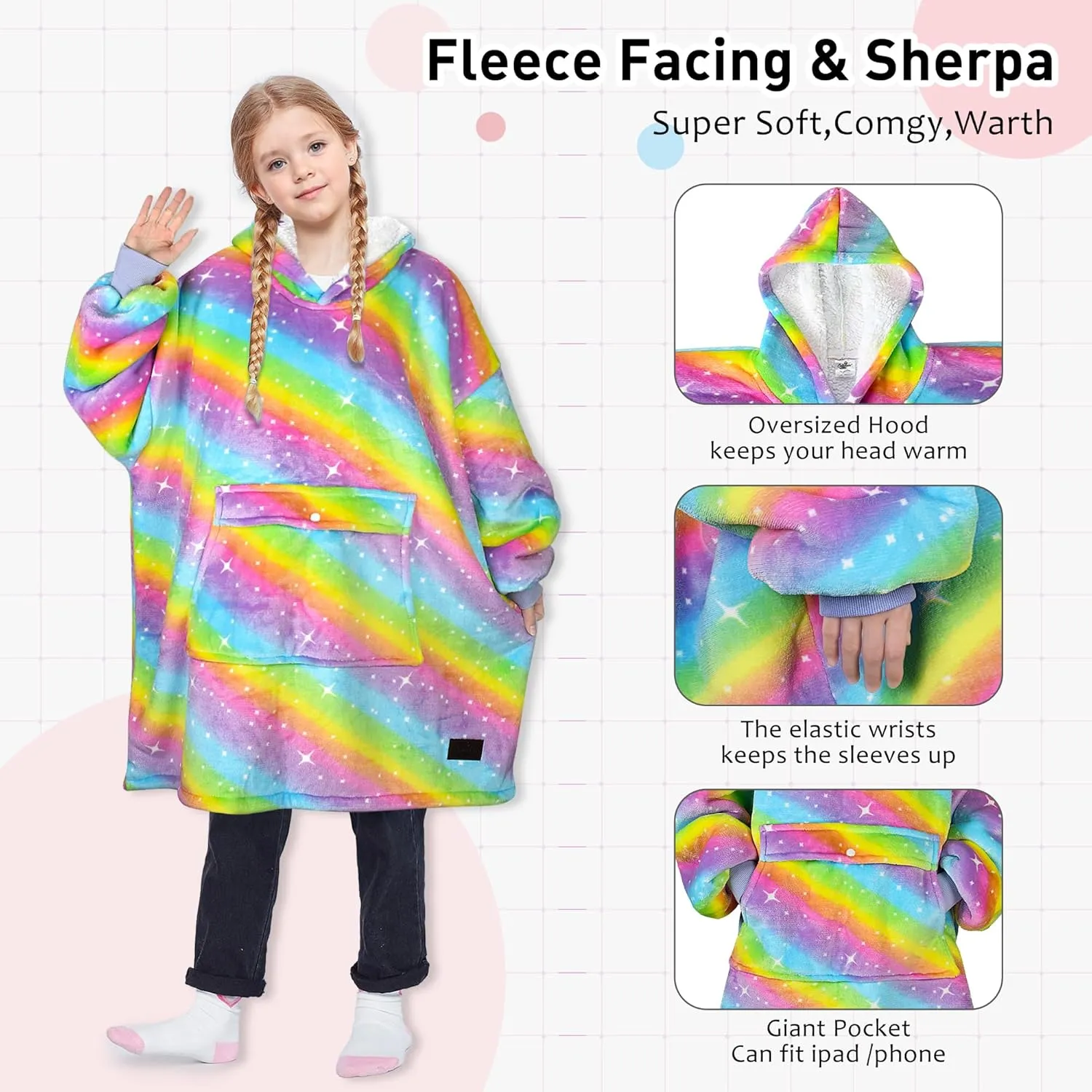 Solaris Rainbow Wearable Blanket Hoodie for Kids - Warm Soft Gift, Oversized Cozy Sherpa Fleece Sweatshirt Pullover for Teens, Girls, Boys, Large Pocket