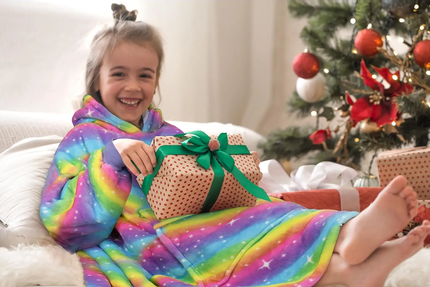 Solaris Rainbow Wearable Blanket Hoodie for Kids - Warm Soft Gift, Oversized Cozy Sherpa Fleece Sweatshirt Pullover for Teens, Girls, Boys, Large Pocket