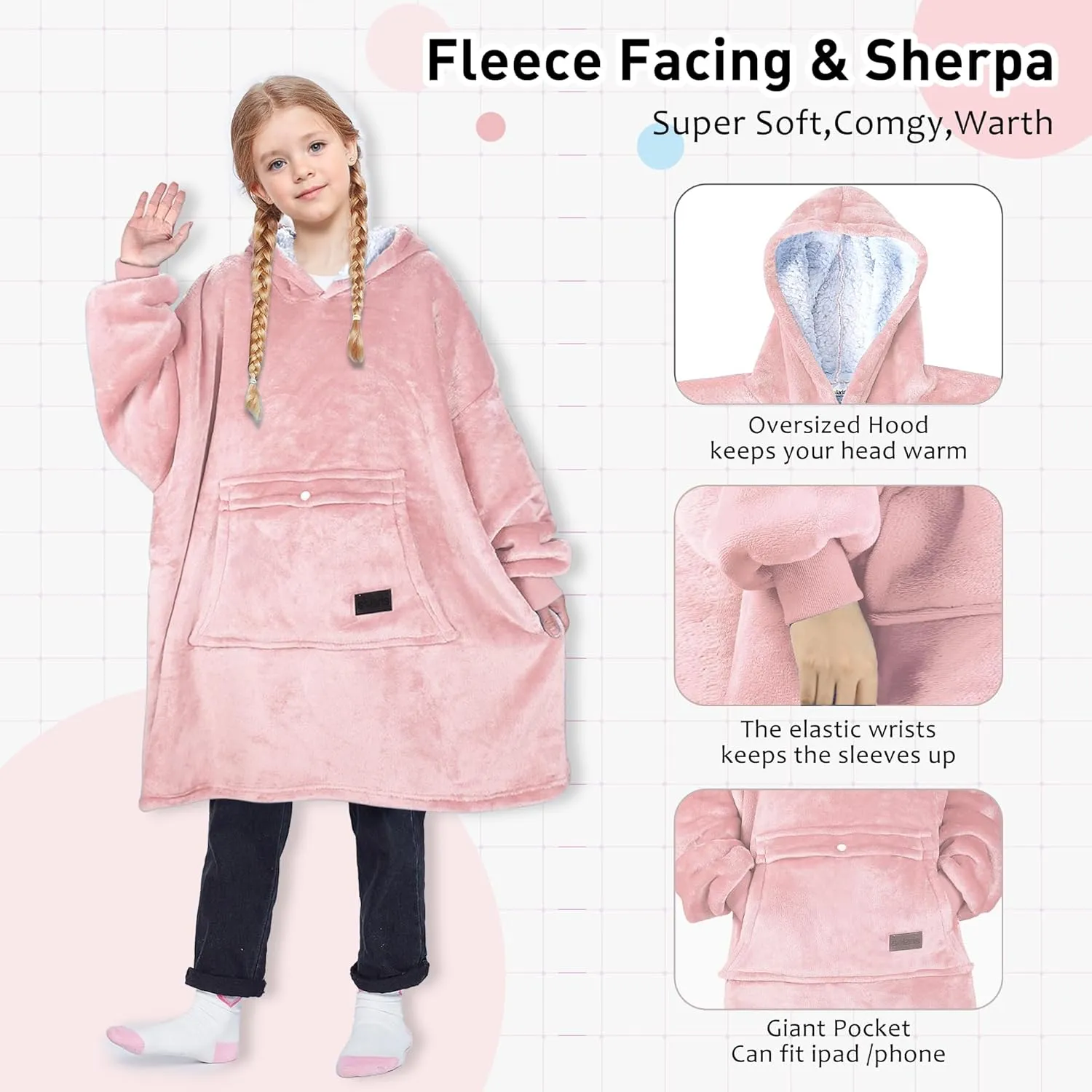 Solaris Wearable Blanket Hoodie for Kids - Warm Soft Gift, Oversized Cozy Sherpa Fleece Sweatshirt Pullover for Teens, Girls, Boys, Large Pocket, Pink