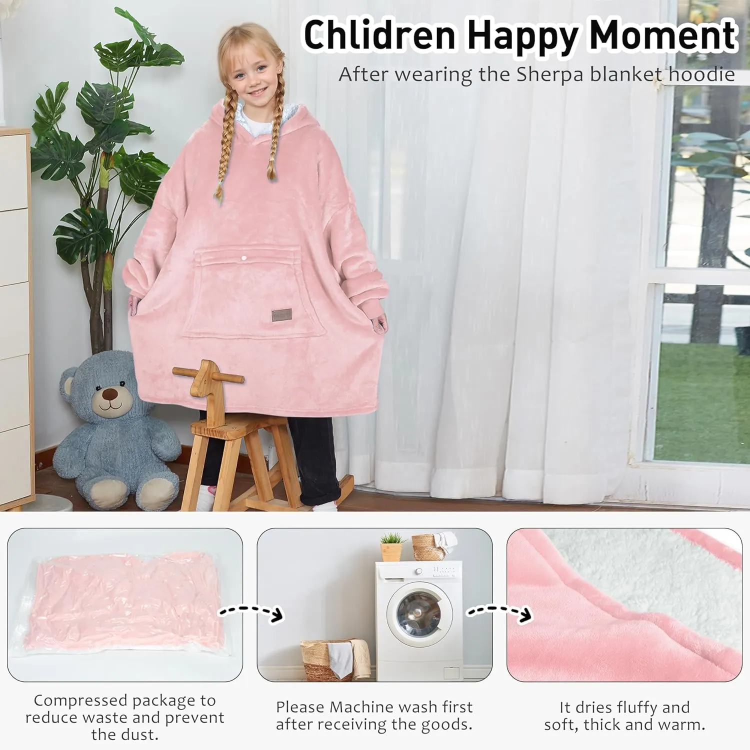 Solaris Wearable Blanket Hoodie for Kids - Warm Soft Gift, Oversized Cozy Sherpa Fleece Sweatshirt Pullover for Teens, Girls, Boys, Large Pocket, Pink