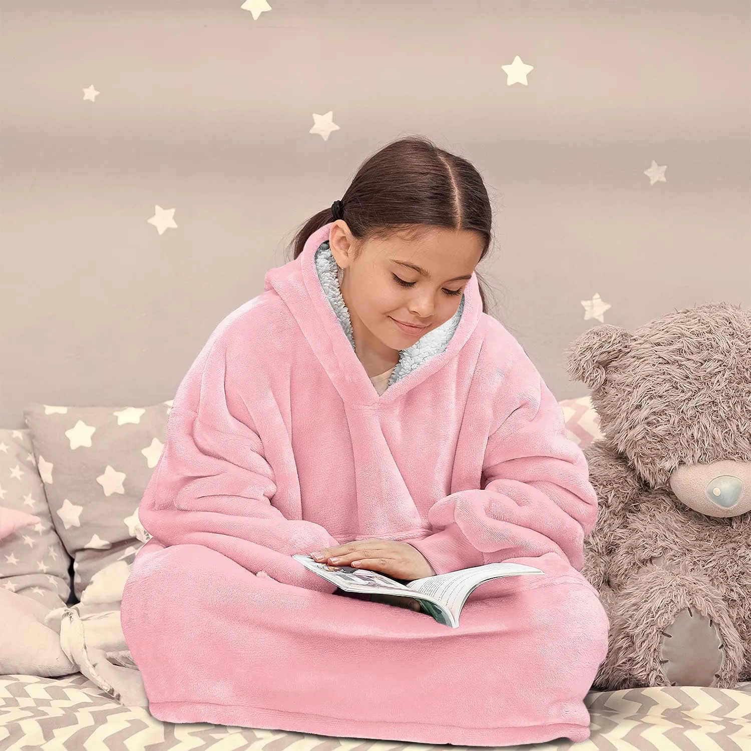 Solaris Wearable Blanket Hoodie for Kids - Warm Soft Gift, Oversized Cozy Sherpa Fleece Sweatshirt Pullover for Teens, Girls, Boys, Large Pocket, Pink