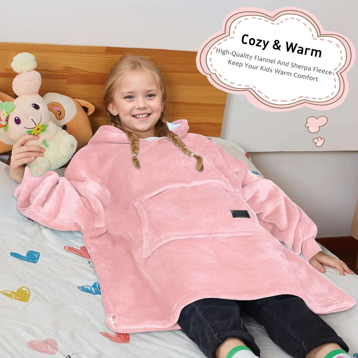 Solaris Wearable Blanket Hoodie for Kids - Warm Soft Gift, Oversized Cozy Sherpa Fleece Sweatshirt Pullover for Teens, Girls, Boys, Large Pocket, Pink
