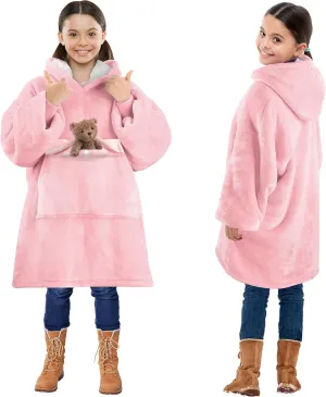 Solaris Wearable Blanket Hoodie for Kids - Warm Soft Gift, Oversized Cozy Sherpa Fleece Sweatshirt Pullover for Teens, Girls, Boys, Large Pocket, Pink