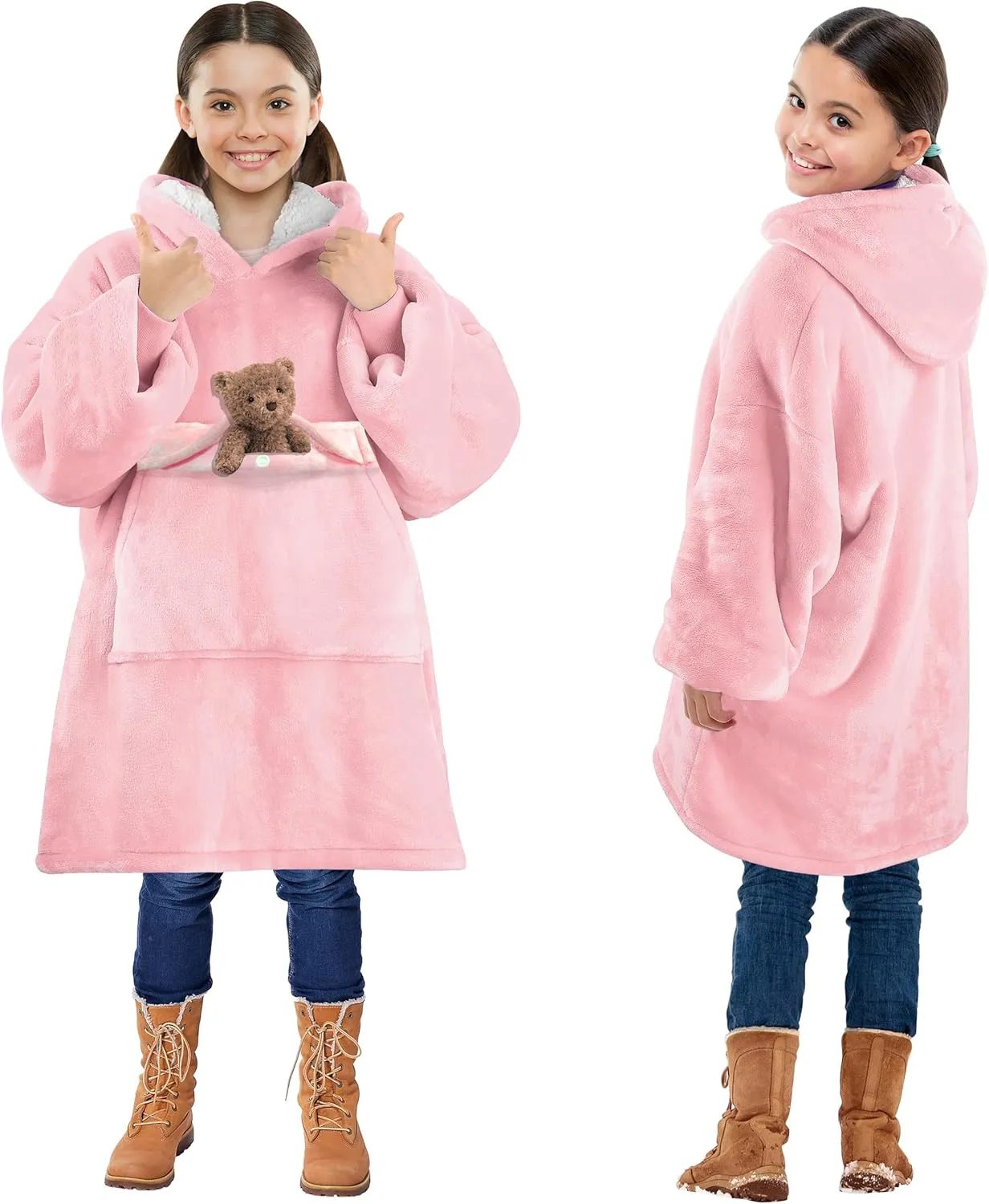 Solaris Wearable Blanket Hoodie for Kids - Warm Soft Gift, Oversized Cozy Sherpa Fleece Sweatshirt Pullover for Teens, Girls, Boys, Large Pocket, Pink