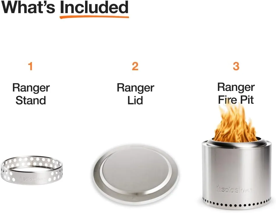 Solo Stove Ranger Essential Bundle 2.0 | Incl. Ranger Smokeless Fire Pit, Stand, Lid, Camping Accessories, Portable for Wood Burning, Removable Ash Pan, Stainless Steel, H:15.25in x Dia: 15in, 16.1lbs