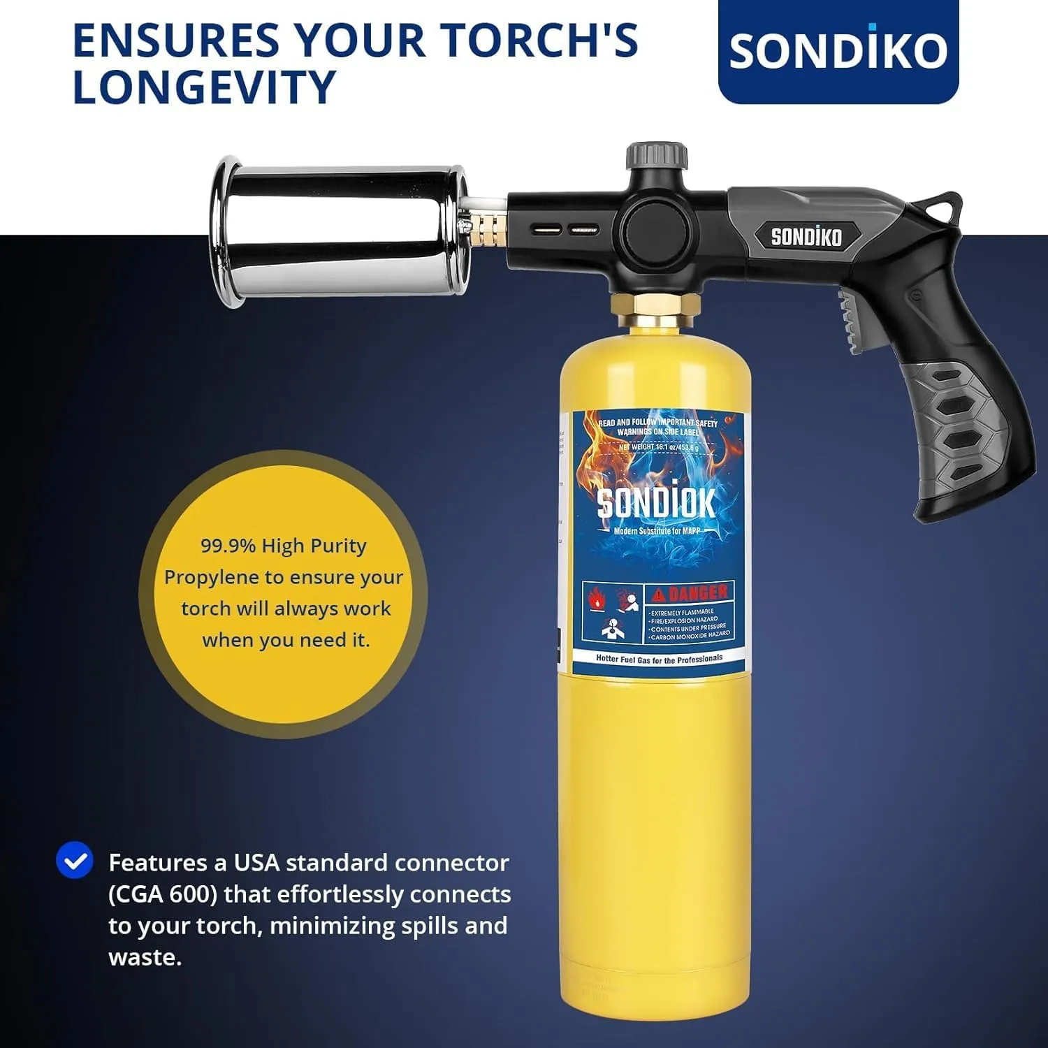 Sondiko Pre-Filled Gas Torch Style Cylinder, Standard Propane Fuel Cylinder, Propane Hand Torch Cylinder, Portable and Convenient Fuel Source, Durable Steel Construction, 3 Pack