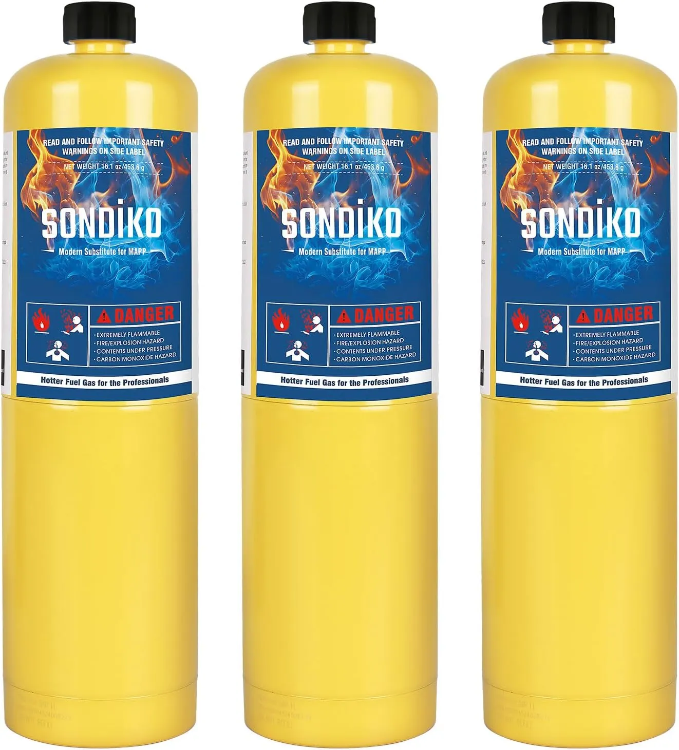 Sondiko Pre-Filled Gas Torch Style Cylinder, Standard Propane Fuel Cylinder, Propane Hand Torch Cylinder, Portable and Convenient Fuel Source, Durable Steel Construction, 3 Pack