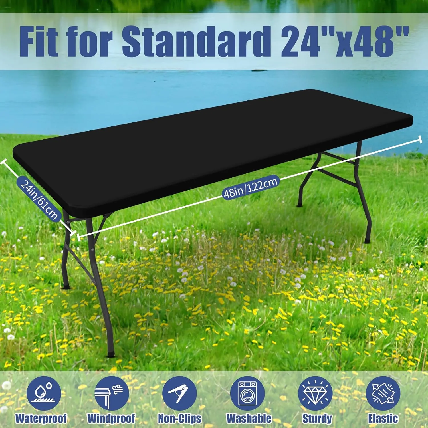 Spandex Picnic Table Cloth 2 Pack, Elastic Fitted Tablecloths for 4 Foot Rectangle Tables, Stretch Washable Patio Table Cover for Outdoor, Camping, Banquet and Parties (Black, 24"x48")