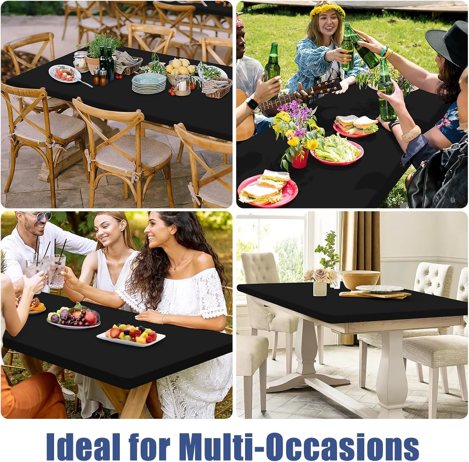Spandex Picnic Table Cloth 2 Pack, Elastic Fitted Tablecloths for 4 Foot Rectangle Tables, Stretch Washable Patio Table Cover for Outdoor, Camping, Banquet and Parties (Black, 24"x48")