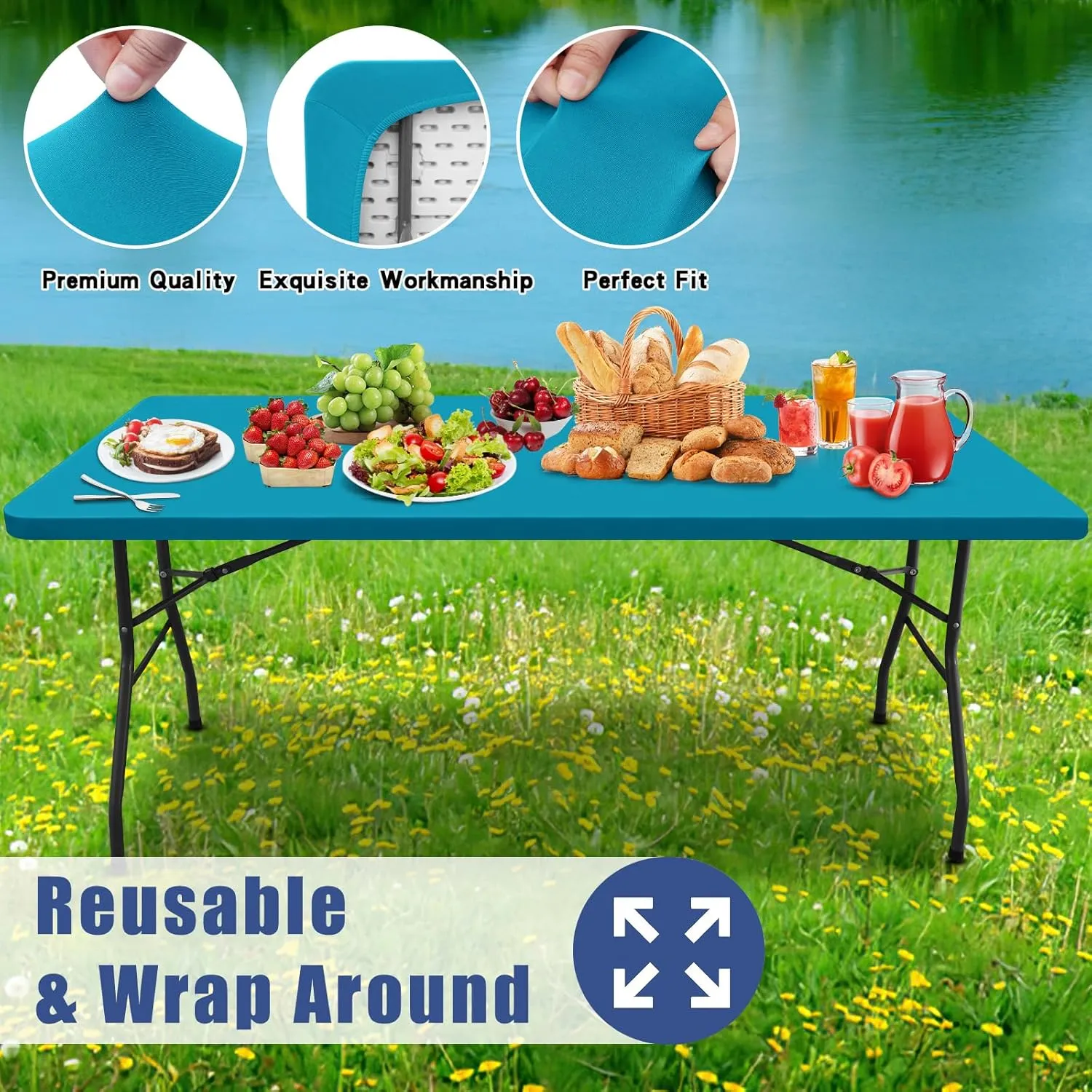 Spandex Picnic Table Cloth 2 Pack, Elastic Fitted Tablecloths for 6 Foot Rectangle Tables, Stretch Washable Patio Table Cover for Outdoor, Camping, Banquet and Parties (Teal, 30"x72")