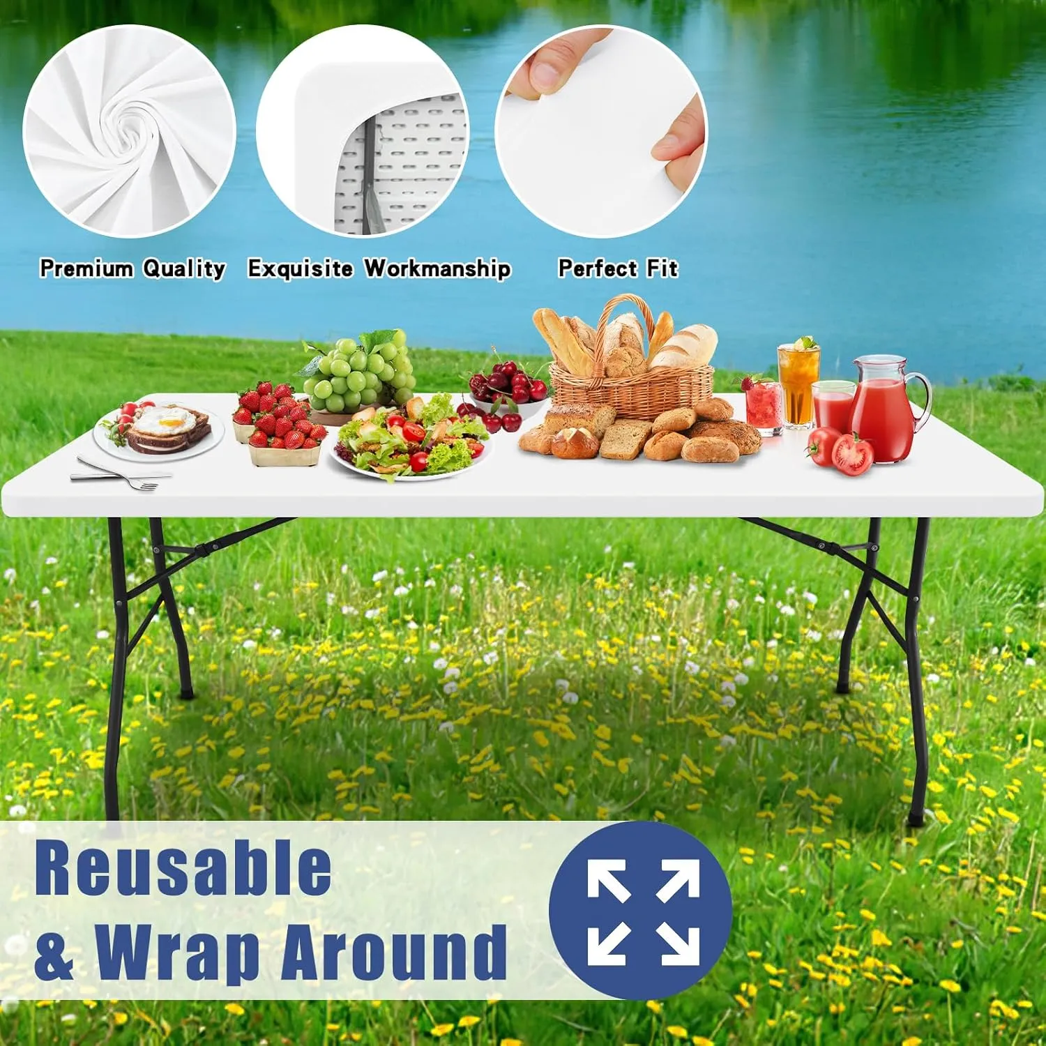 Spandex Picnic Table Cloth 2 Pack, Elastic Fitted Tablecloths for 6 Foot Rectangle Tables, Stretch Washable Patio Table Cover for Outdoor, Camping, Banquet and Parties (White, 30"x72")