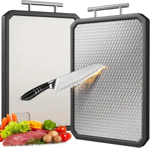 Stainless Steel Cutting Board with Durable Anti-scratch Grid Design, Large 16”×12” Double Sided Non Toxic Chopping Board for Kitchen, Dishwasher Safe, Non-slip Edge, Garlic Grinding Area