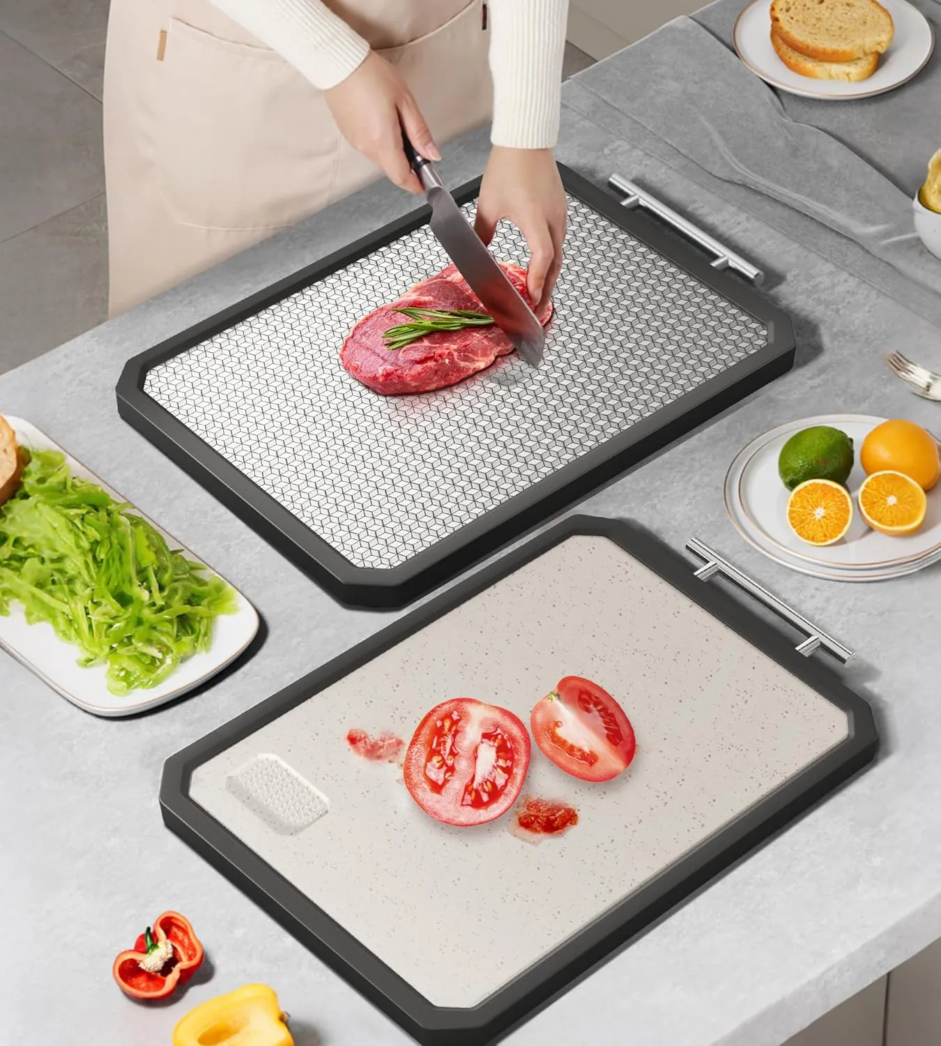 Stainless Steel Cutting Board with Durable Anti-scratch Grid Design, Large 16”×12” Double Sided Non Toxic Chopping Board for Kitchen, Dishwasher Safe, Non-slip Edge, Garlic Grinding Area
