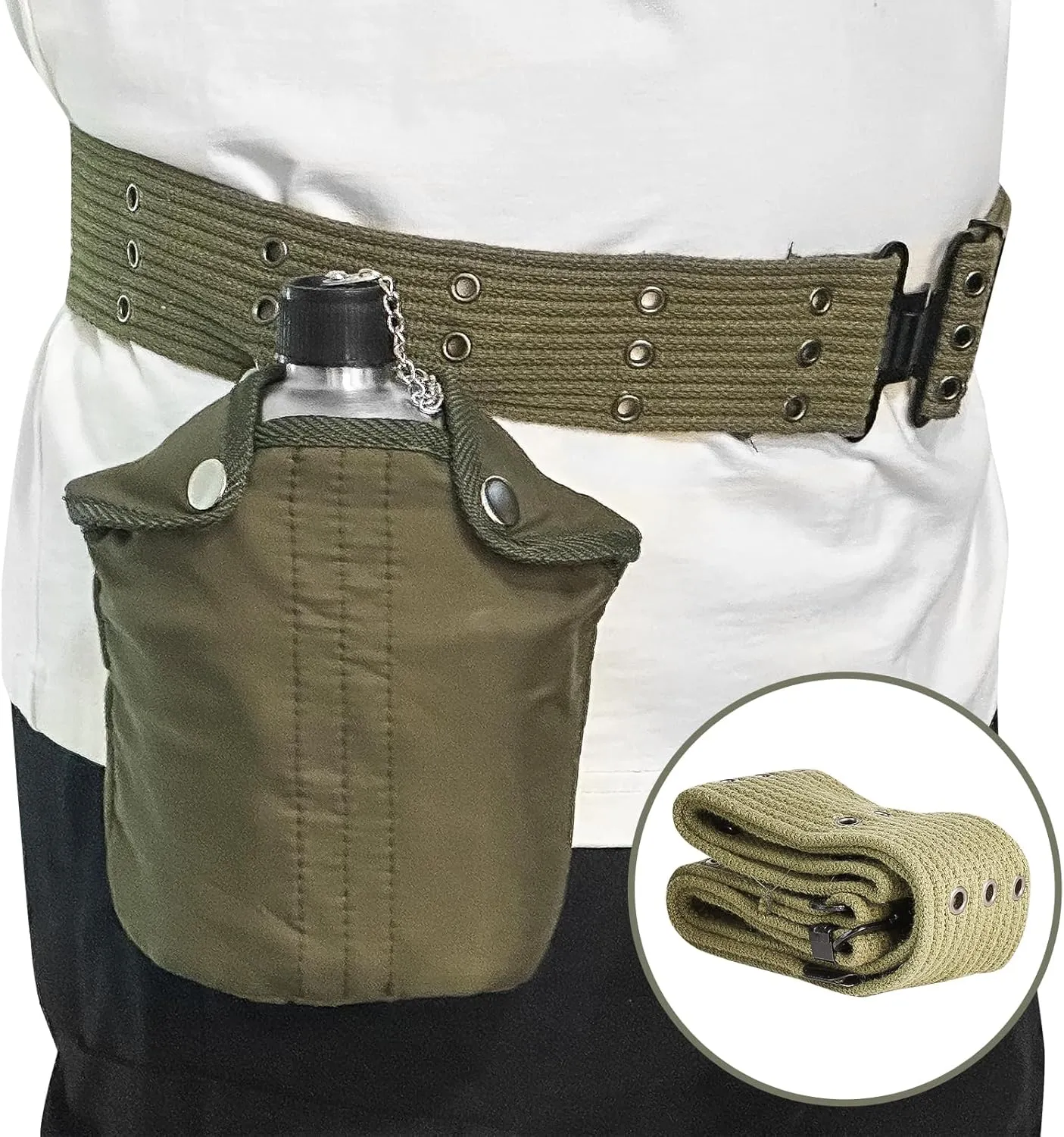 Stainless Steel Military Canteen 1QT Portable Army Water Bottle with 0.5QT Cup & Nylon Cover Waist Belt Sleeves for Hiking Camping Climbing and Most Outdoor Activities