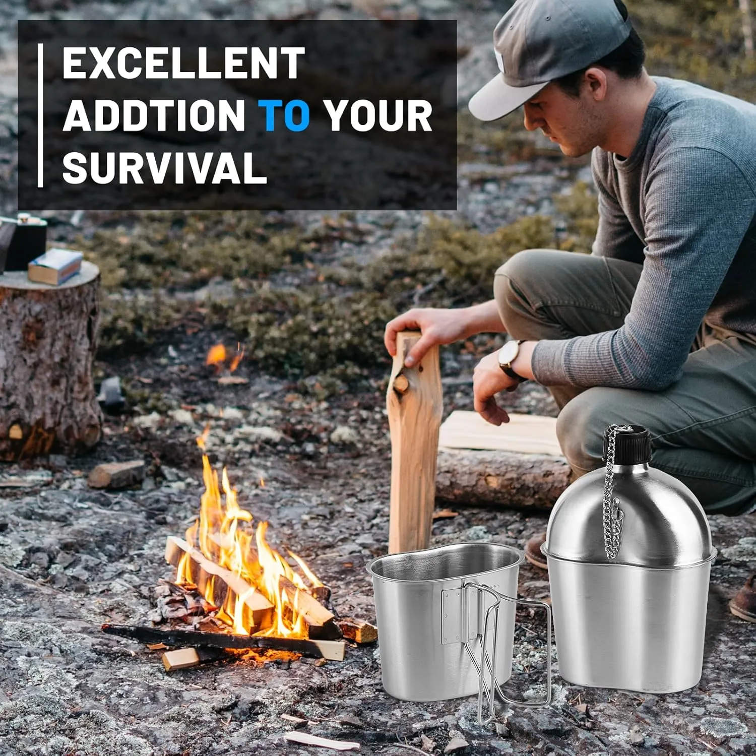 Stainless Steel Military Canteen 1QT Portable Army Water Bottle with 0.5QT Cup & Nylon Cover Waist Belt Sleeves for Hiking Camping Climbing and Most Outdoor Activities