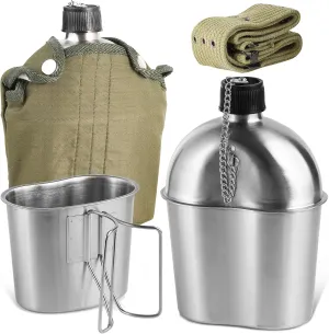 Stainless Steel Military Canteen 1QT Portable Army Water Bottle with 0.5QT Cup & Nylon Cover Waist Belt Sleeves for Hiking Camping Climbing and Most Outdoor Activities