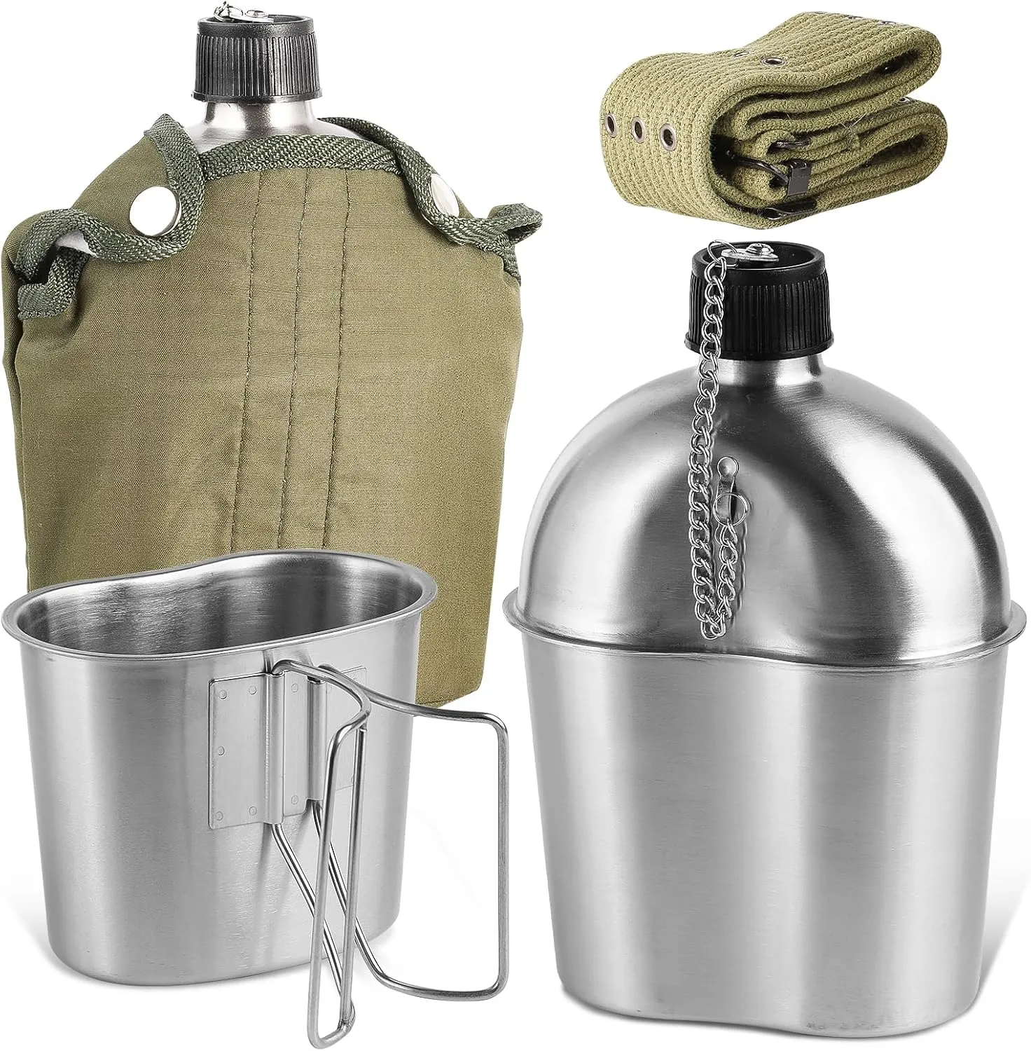 Stainless Steel Military Canteen 1QT Portable Army Water Bottle with 0.5QT Cup & Nylon Cover Waist Belt Sleeves for Hiking Camping Climbing and Most Outdoor Activities