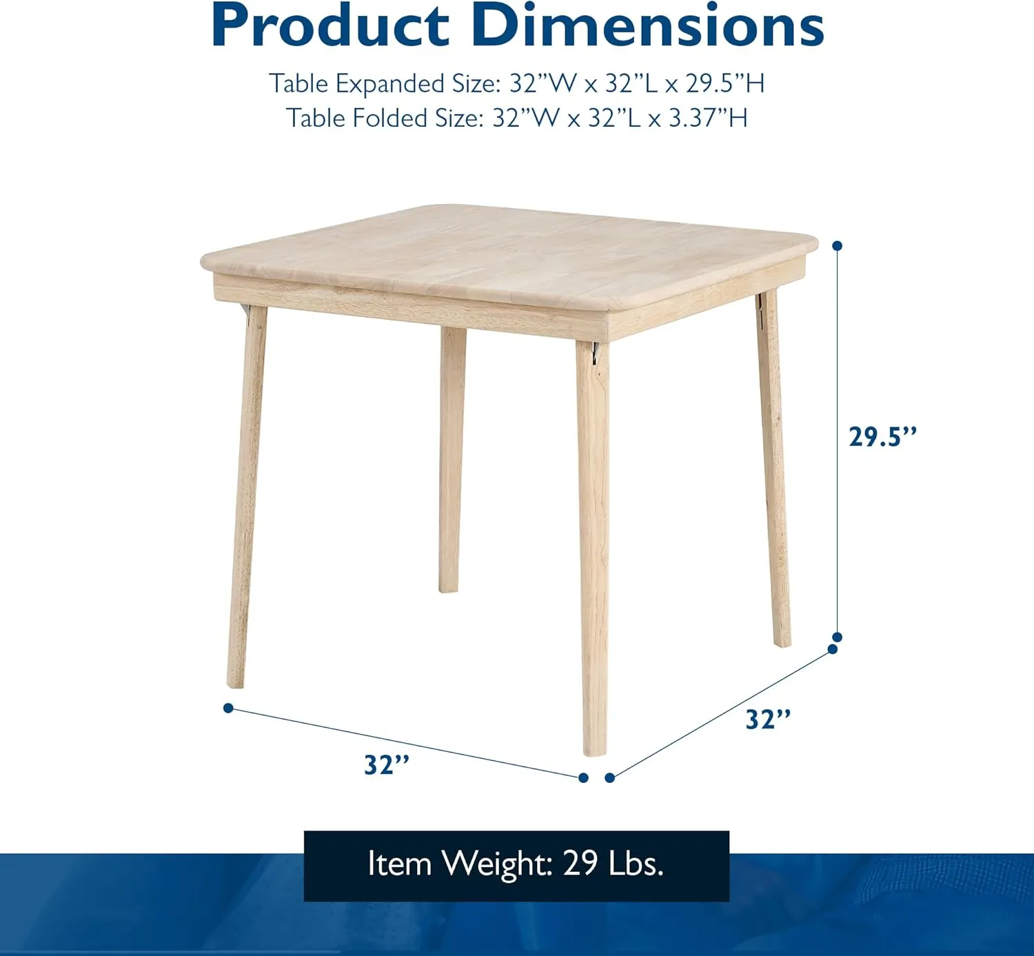 Stakmore Straight Edge Solid Wood Folding Card Table, Folds to Deep 3.38 Inches for Easy Storage, 29.5″H x 32″W x 32″D, Unfinished