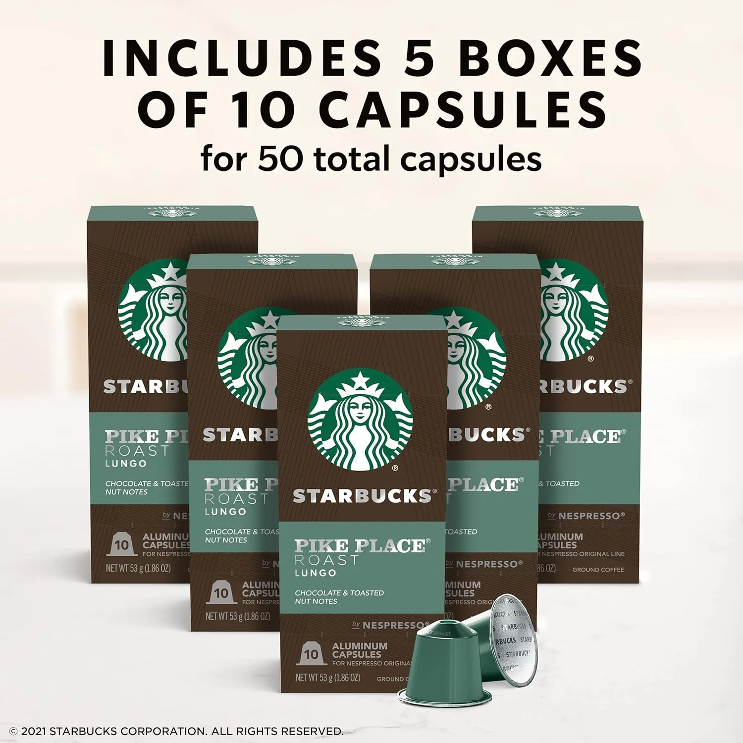 Starbucks by Nespresso Original Line, Pike Place, Medium Roast Coffee, 50-count Espresso Pods