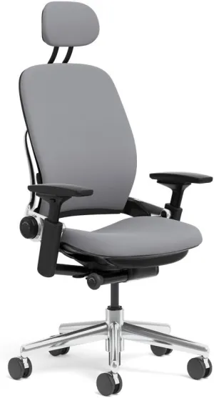 Steelcase Leap Task Chair: Polished Aluminum Base - 4D Adjustable Arms - Headrest - Standard Carpet Casters